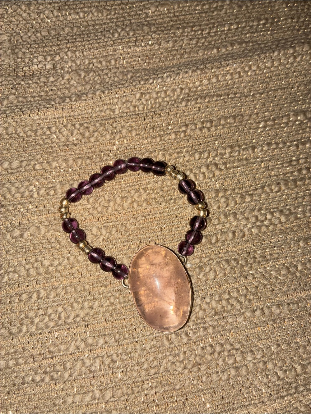 Beaded Purple Glass Stretch Bracelet with Oval sterling silver Pendant
